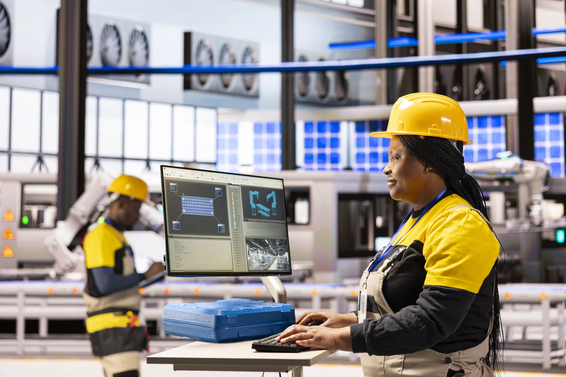 Engineer monitoring factory automation systems on screen