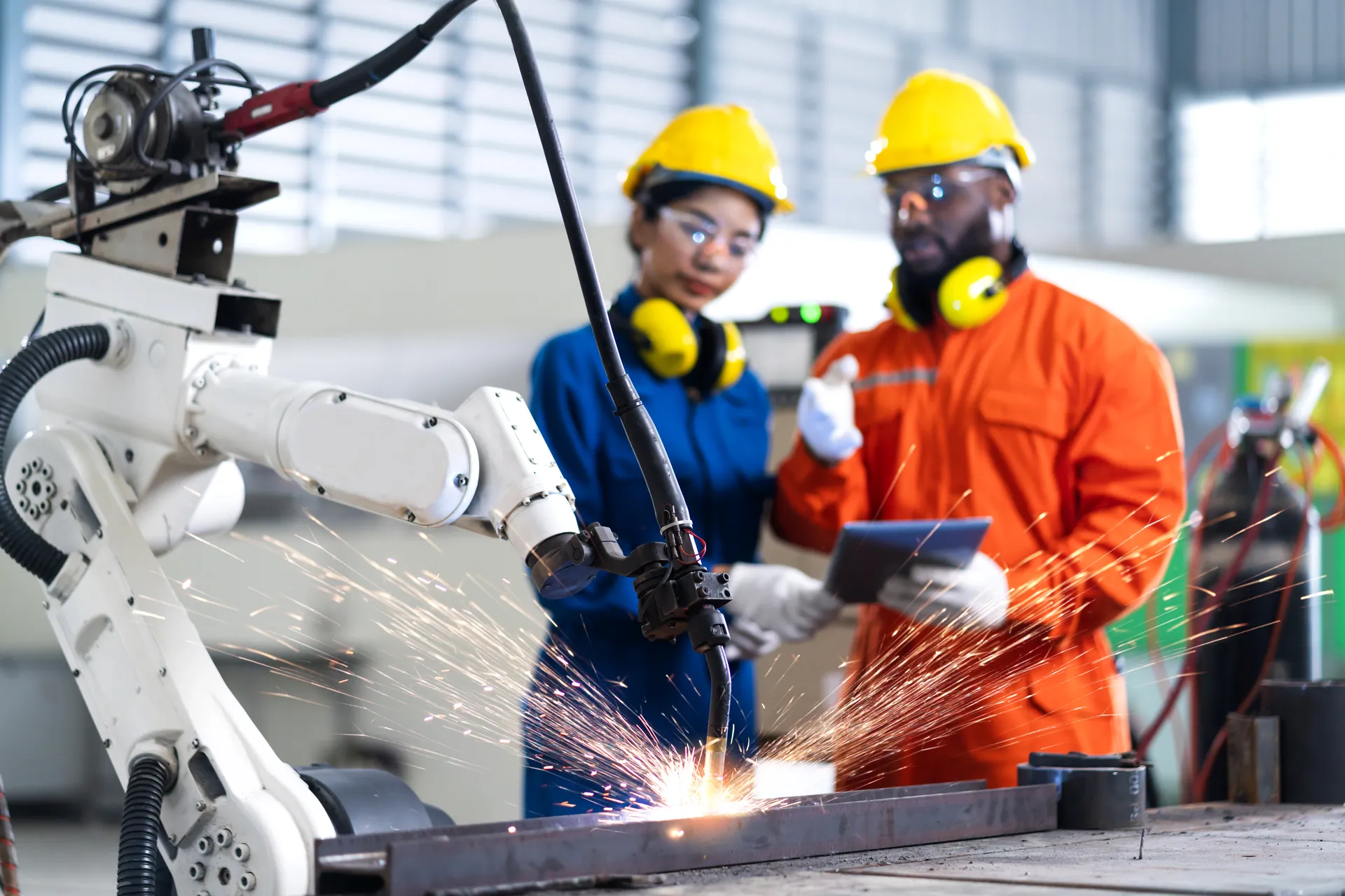 Engineers supervising robotic welding system