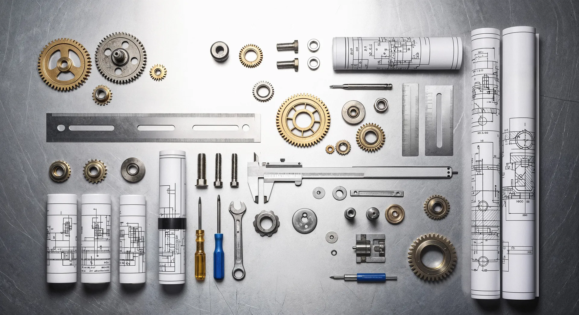 Engineering tools, gears, and technical blueprints on a desk